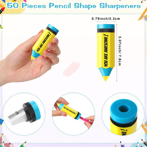 Ctosree 50 Pcs Pencils Shaped Pencil Sharpeners Manual Bulk Colored Pencil Sharpener for Kids Motivational Portable Pencil Sharpener with Lid You are Awesome Gift for Office Back to School Supplies by Ctosree
