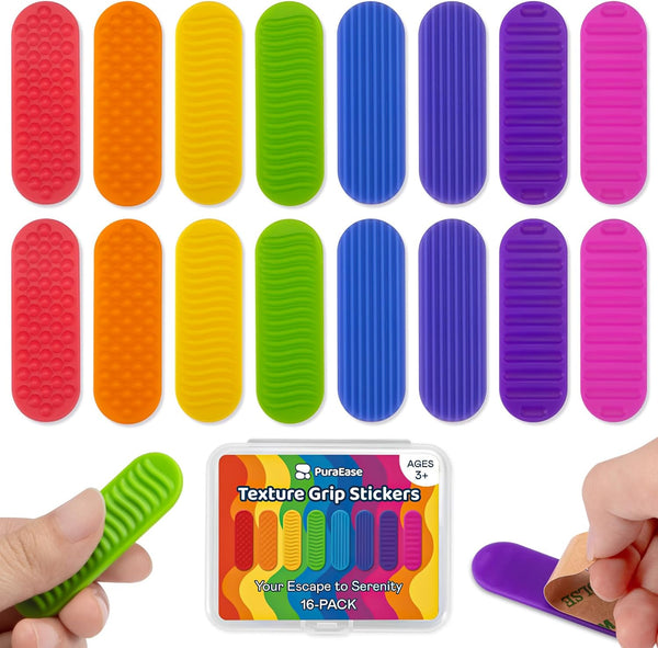PuraEase Textured Sensory Stickers for Kids 16PC Silicone Adhesive Calm Strips for Anxiety