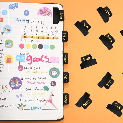 Outus 24 Pieces Monthly Adhesive Tabs for Planner, Designer Accessories Monthly Tabs Stickers for Notebook Planners