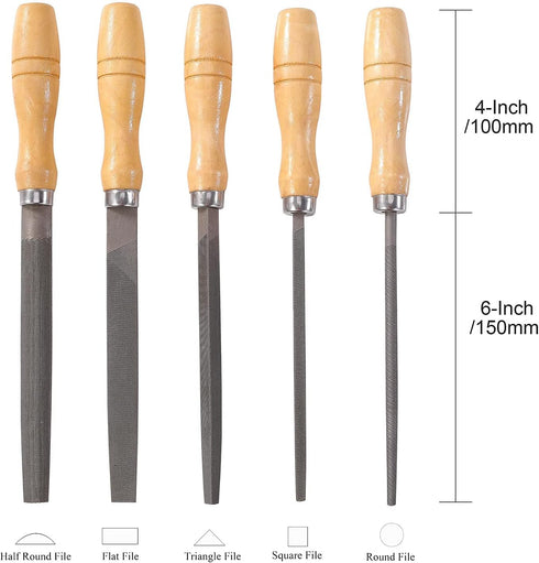 High Carbon Steel File Set with Wooden Handles, 5 Pieces Rasp File for Metal, Wood, Plastic