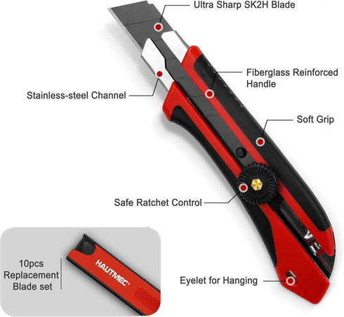 HAUTMEC 25mm Heavy-Duty Utility Knife with 10pcs Blade Set, Multi-Purpose Snap-off Cutter, Reinforced Handle