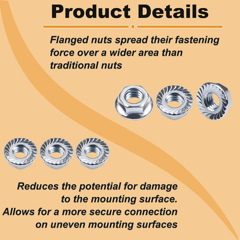 Juvielich 50pcs 1/4-20 1/4" Serrated Flange Hex Nuts, Hexagon Flange Nuts, Carbon Steel Zinc Plated, UNC Nuts