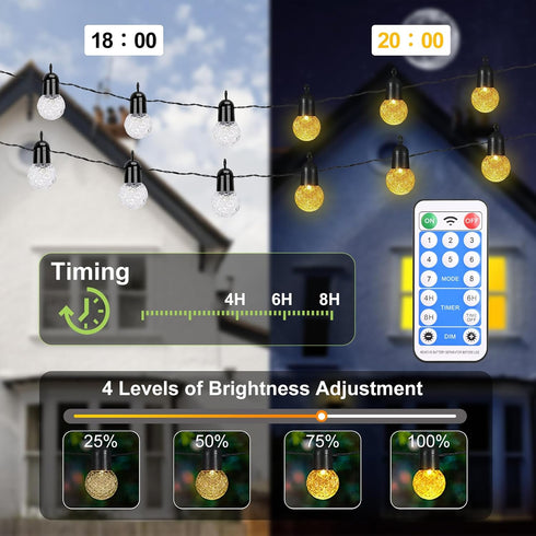 AGELCK 50FT 25 Dimmable G40 Bulbs, 8 Solar String Lights Outdoor Waterproof w/Remote, LED Shatterproof Modes & Timer