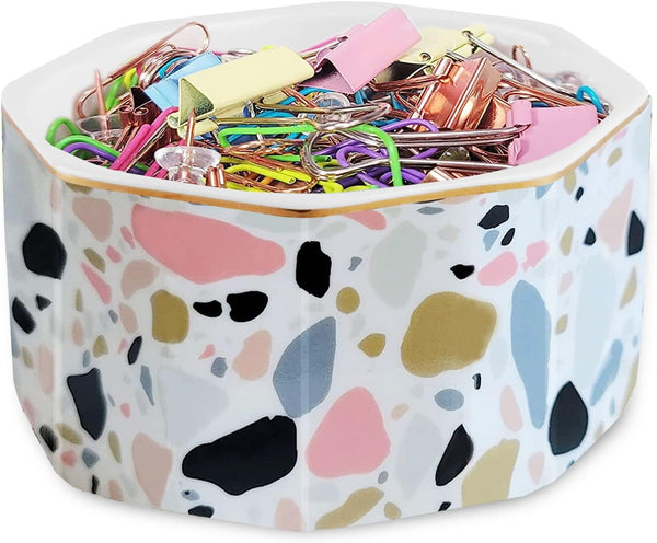 Ceramic Paper Clip Holder, Gold Line Dispenser, Cute Terrazzo Marble Pattern Office Binder Clip Holder