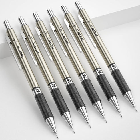 Nicpro 0.5 mm Art Mechanical Pencils Set in Gift Case, 6 PCS Metal Drafting Pencil 0.5mm with 6 Tube HB Lead Refills & 18 PCS Eraser Refills for Adults, Children, Artist Writing, Drawing, Sketching by Nicpro