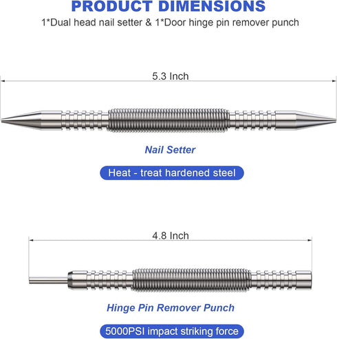 Spring Loaded Nail Set Tools, 2-PCS Dual Head Hinge Pin Punch & Hammerless Nail Setter, Super Strong Door Pin Tool
