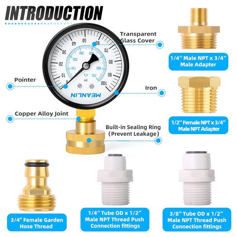 MEANLIN MEASURE 0~100Psi 3/4" Female Water Pressure Kit with 5 Adapters, Multi-Purpose Pressure Gauge for Gardens