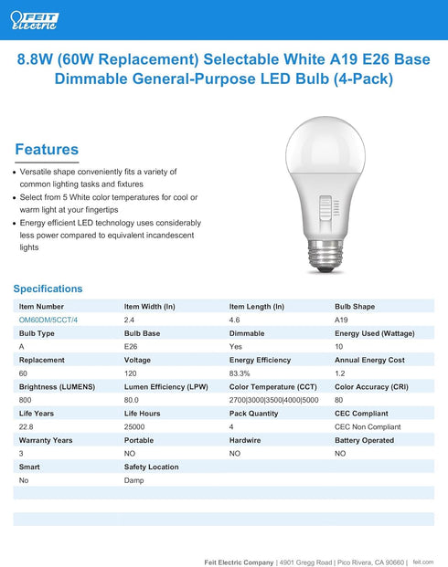 Feit Electric A19 LED Light Bulb, 60W Equivalent, 5CCT, Dimmable, E26 Base, 800 Lumens, 4 Pack