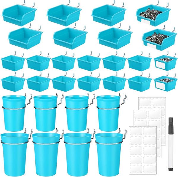 64 Pieces Pegboard Bins with Hooks and Loops, Peg Hooks Assortment Organizer for Tools Storage Office Workshop (Blue)