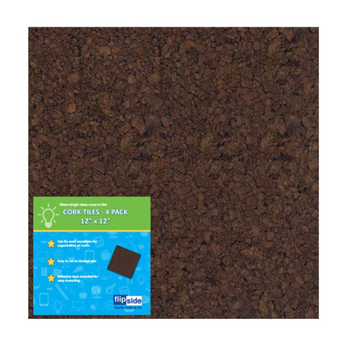 Flipside FLP12058 Dark Cork Tiles, 12" x 12", Pack of 4, Brown Cork for Bulletin Board