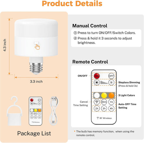 1 Pack 13000 Bulb, Bulb Dimmable Bulb mAh Battery Light Rechargeable with Remote, Wireless Light for Lamp Sconces Home