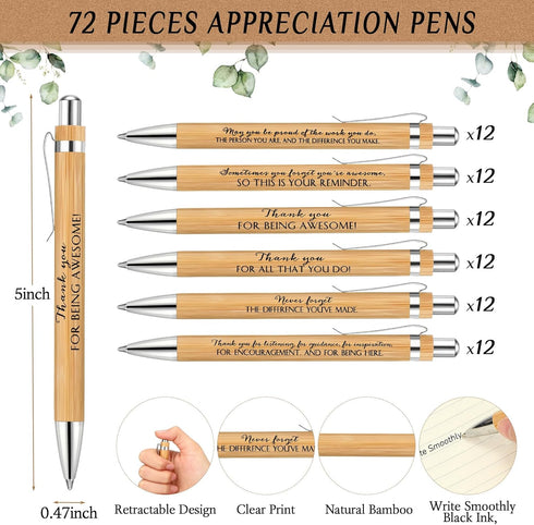 Yeaqee 72 Sets Employee Appreciation Gifts Bulk, Thank You Gift Office Bamboo Pen with Inspirational Cards, Christmas