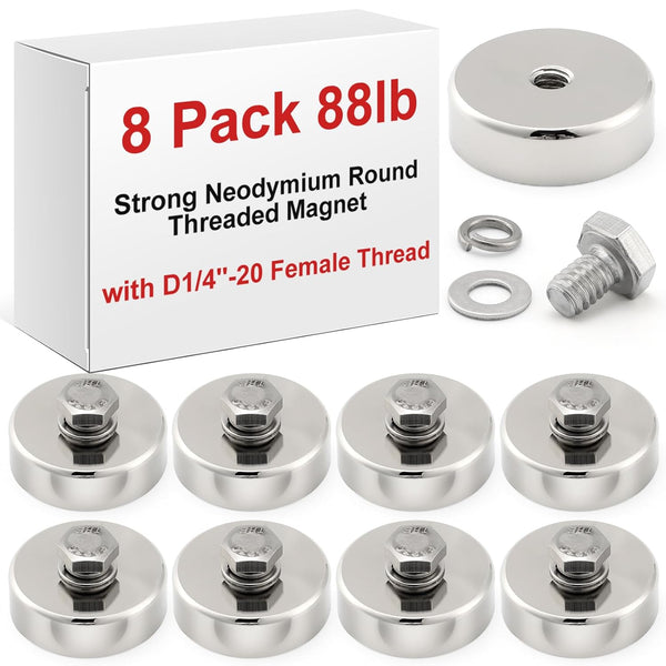 MorningRo 8 Pack Strong Neodymium Round Threaded Magnet with D1/4''-20 Female Thread, 88lb