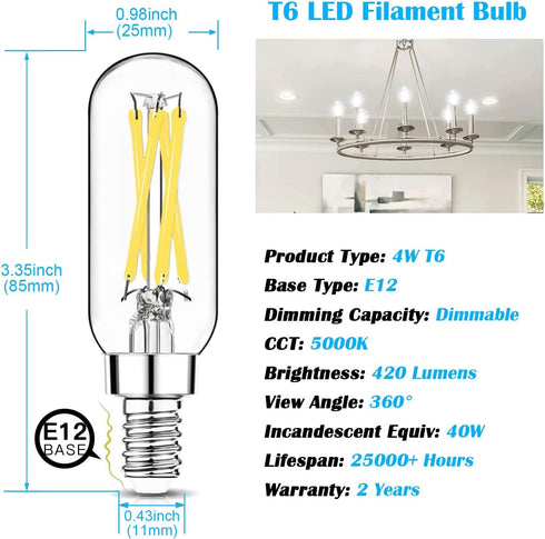 Mlambert 12 Pack Dimmable T6 LED Bulbs,4W Equal 40W e12 Candelabra Bulb 5000K,Clear 4W E12 Edison Bulb for Chandelier,Light Bulb E12 Candelabra Bulb by Mlambert
