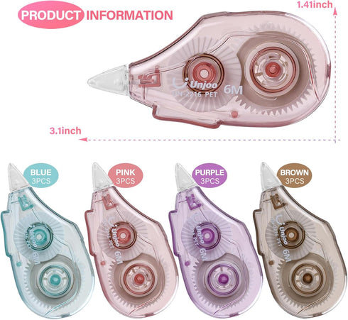 Whiteout Correction Tape, Easy To Use Applicator for Instant Corrections Correct Wrong Writing At Any Time, For school, Office (6M/256" x 0.2",4 colors, 12pack)