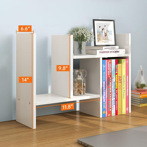 5-Shelf JLD Wood Adjustable Desktop Bookshelf, Expandable Office Storage Rack, White