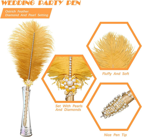 CROWN GUIDE Crystal Ostrich Feather Pen Quills for Wedding Guest Book Signing, 1920s Gatsby Reception Décor, White