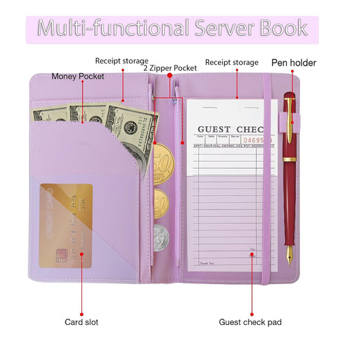GWIQVEI 2 Leather Server Book with Zipper Pockets, Waitress Order Pad Holder for Cash & Tips - Fits in Server Apron, PU