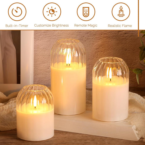 Set 3 Clear Glass Flameless Candles with Remote, Flickering LED Pillar Candles Battery Powered Ribbed Dome Top