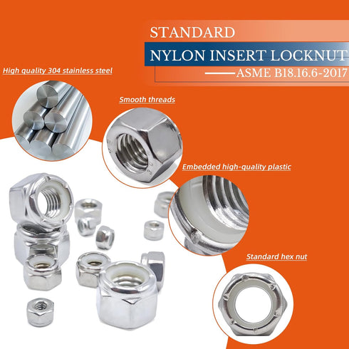 Kinhon Rock #8-32 130pcs 304 Nylon Insert Lock Nuts SAE Stainless Steel Nylon Locknuts Hex Lock Nuts Reusable