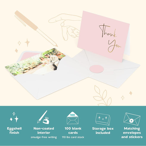 Set 100 Pack 4x6 Set VNS Creations Gold Foil Thank You Cards With Envelopes Bulk & Stickers - Blank Thank You Notes Box