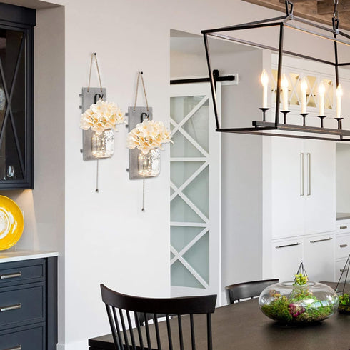 YI LIGHTING Set 2 of - Rustic Wall Sconces - Mason Jars Sconce with Remote Control, Flowers, LED Fairy Lights for Home