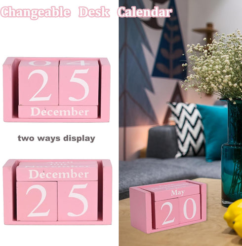 MICKYU Wooden Perpetual Block Calendar for Desk, Aesthetic Office Supplies, Rustic Decor, Cute Teacher Accessories