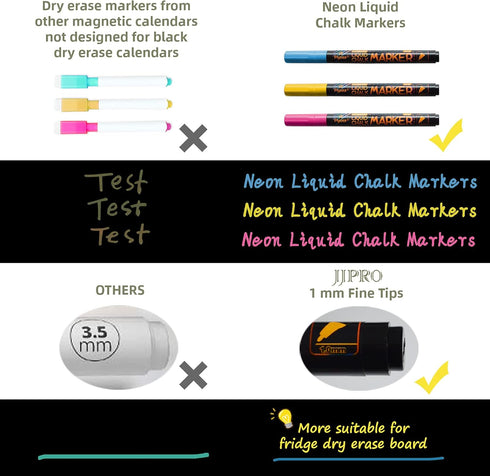 Magnetic Chalkboard Monthly Calendar with Neon Bright Liquid Chalk Markers, Black Refrigerator Planning Board with