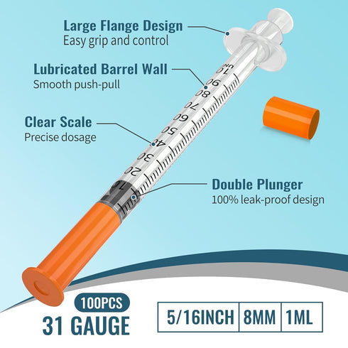 31G 1cc/ml, 5/16" 8mm Pack 100 Lab Liquid Measurement of Individually Wrapped