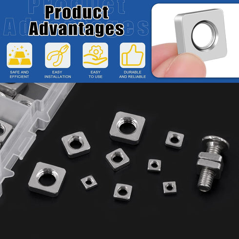 Glarks 90pcs Set M3 M4 M5 M6 M8 304 Square Nut Stainless Steel Square Thin Nut Square Machine Screws Nut Metric Coarse
