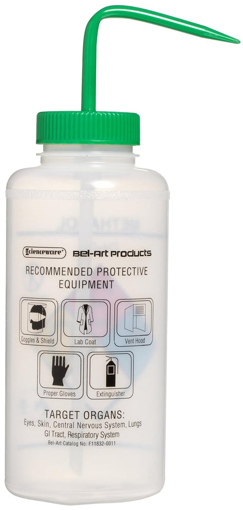 SP Bel-Art 1000ml (32oz) Right-to-Know Safety-Vented/Labeled Methanol Wash Bottles, Pack of 2, Polyethylene w/Green Cap