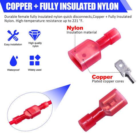 Twidec/100PCS Nylon Spade Connectors Kit 22-18 Gauge Quick Disconnect Fully Insulated Male and Female Terminal