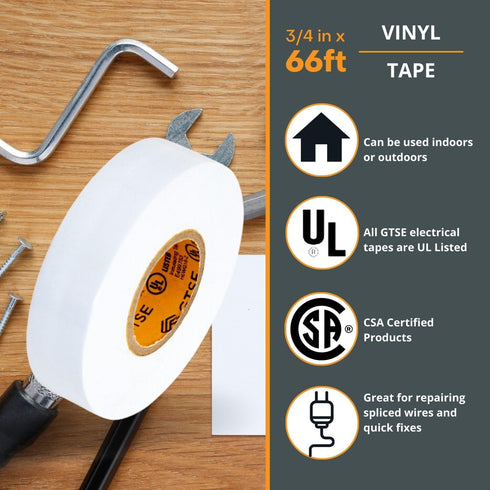 GTSE 10-Pack White Electrical Tape, Waterproof Industrial Grade Vinyl, 3/4 in x 66ft