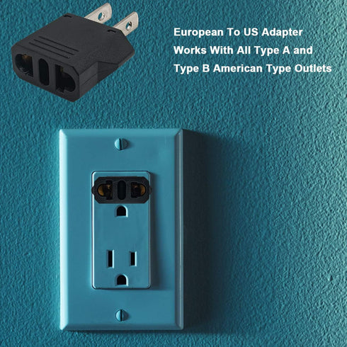 US Plug Adapter, Small European to US Plug Adapter, Black, EU to US Travel Power Plug Adapter (2-Pack)