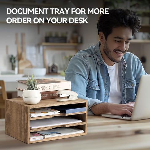 KIRIGEN Wooden Desktop Organizer, Paper Storage Letter Tray File Sorter, 3 Layer Trays for Home Office Accessories,