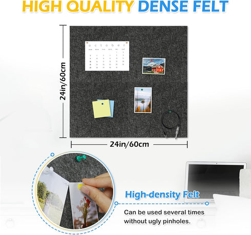 Felt Cork Board Tiles, 4 Packs 12" x 12" 1/2" Thick Cork Bulletin Board Self Adhesive Acoustic Panels Soundproof Corkboards for Walls with 40 Pushpins for Home Office Kitchen School, Grey by DOLLAR BOSS
