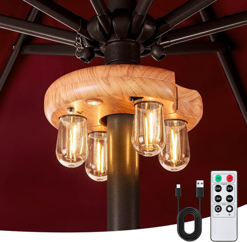 Wood Grain Patio Umbrella Light with Remote Control, Rechargeable Cordless LED Edison