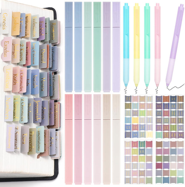 NEWEST Bible Journaling Kit, 12 No Bleed Highlighters, 5 Smooth Gel Pens, 96 Morandi Bible Tabs for Study Bible