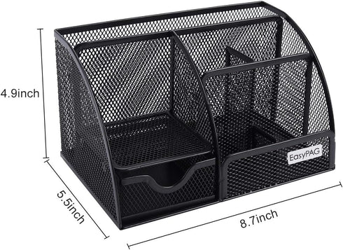 EasyPAG Desk Organizer Mesh Desktop Office Supplies, Multi-functional Caddy with 6 Compartments and 1 Drawer (Black)