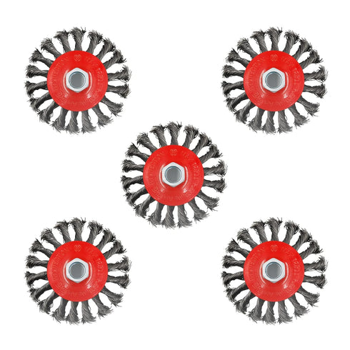 5 Pack 4 Inch Twist Knotted Wire Wheel Brush for Angle Grinder, 5/8 Inch-11 Threaded Arbor, Heavy-Duty Conditioning