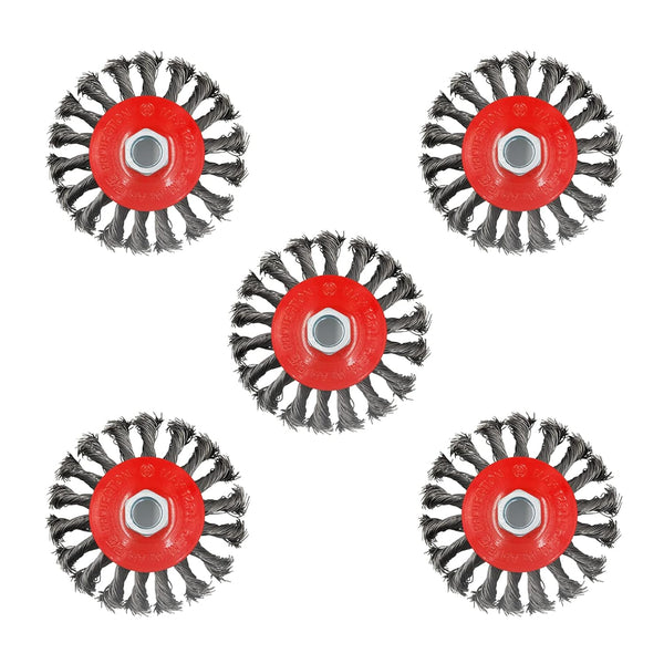 5 Pack 4 Inch Twist Knotted Wire Wheel Brush for Angle Grinder, 5/8 Inch-11 Threaded Arbor, Heavy-Duty Conditioning