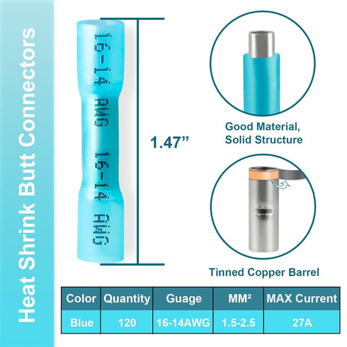 120 PCS Heat Shrink Butt Connectors, Insulated Waterproof 16-14 AWG, Tinned Copper for Wiring, Marine, Automotive (Blue)