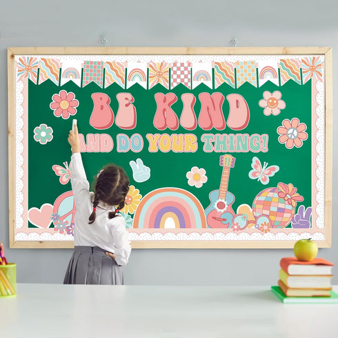 Boho Classroom Bulletin Board Decoration with Groovy Be Kind and Do Your Thing Retro Rainbow Cutouts