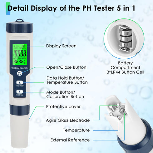 5 1 0.01 in PH Meter for Water, PH/TDS/EC/Temp/Salt Meter, Salt Tester for Saltwater Pool, Resolution High Accuracy