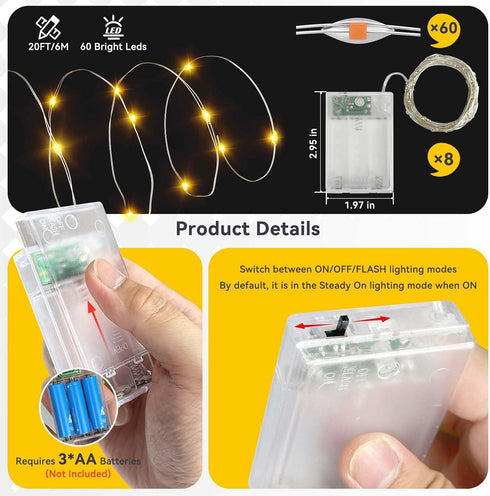 LitHome 8 Pack 20 60 2 Warm White Fairy Lights Battery Operated, FT LED Twinkle Lights Battery Operated Modes