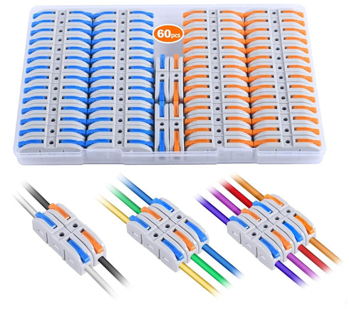 Lever Wire Connectors, HTCELLE 60-Piece Quick Connect Electrical Splicing Kit for 28-12 AWG, 1 in 1 out