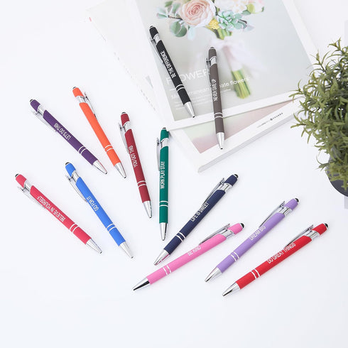 Funny Pens, 12 Pcs Fine Point Smooth Writing Pens, Inspirational Ballpoint Pens with Touch Stylus Tips, Black Ink 1.0