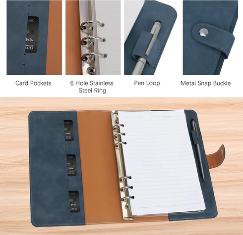FYY Leather A5 Binder, 6 Ring Notebook, Refillable Planner with Pockets, A5 Dividers, Navy Travel Journal Cover