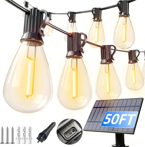 luckystyle 50FT Solar String Lights Outdoor Waterproof with 18+1 LED Bulbs Long
