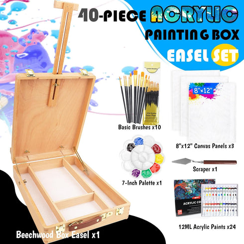WOWOSS Set, 40PCS 24 3 Tabletop Art Easel Box Painting Kit for Adult Artists & Beginners, Easel Stand with Acrylic